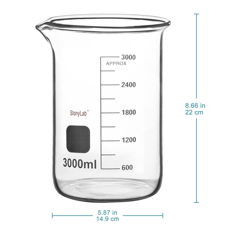 stonylab كوب زجاجي 1 عبوة زجاج بوروسيليكات متدرج شكل منخفض كوب غريفين مع فوهة صب، 3000 مل - Image 2